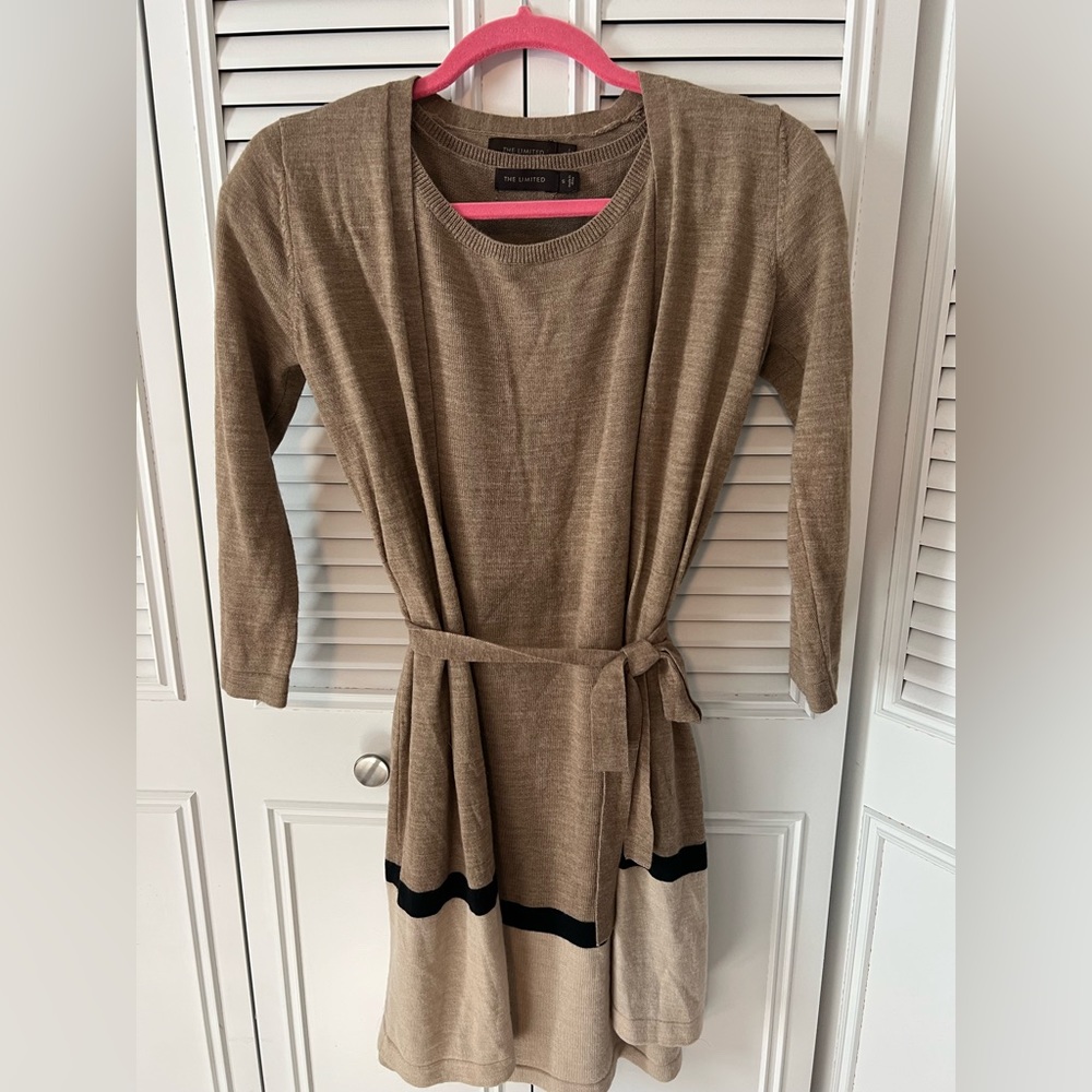 Sweater dress with matching cardigan and belt